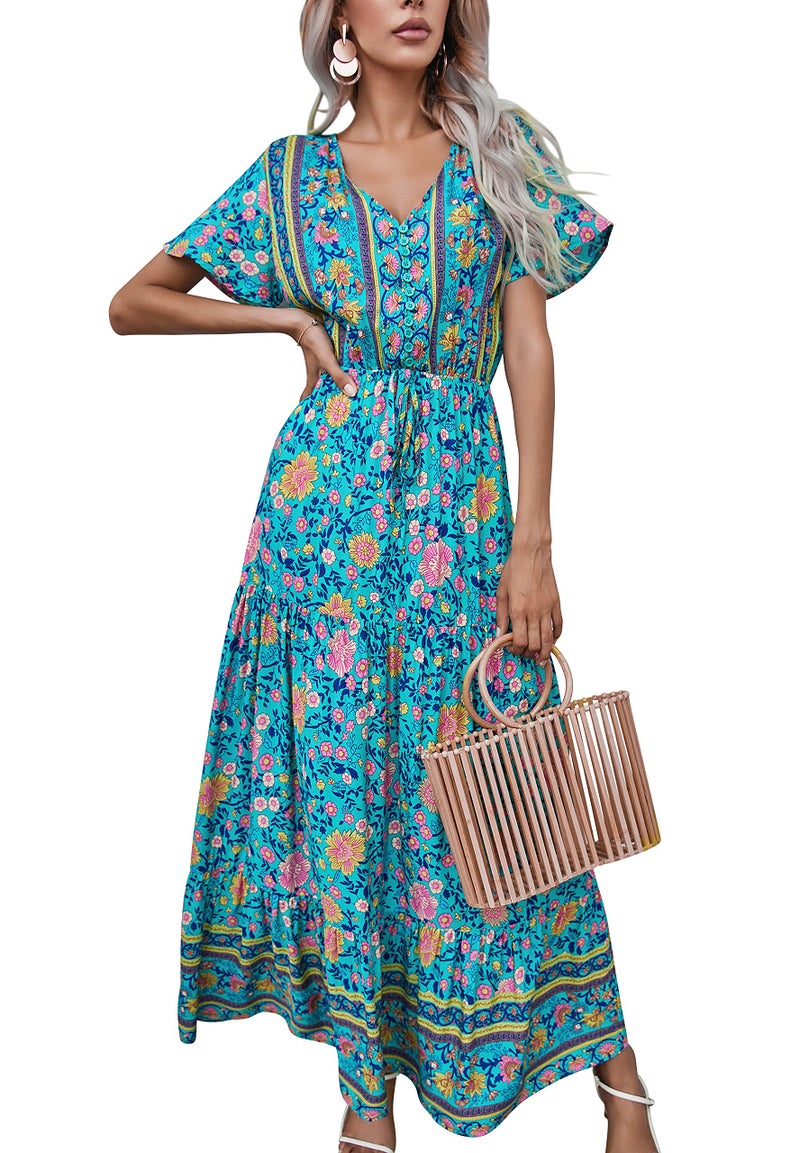 R.Vivimos Womens Summer Floral Print Cotton Short Sleeve Flowy Dress (XL, Green) - Image 1